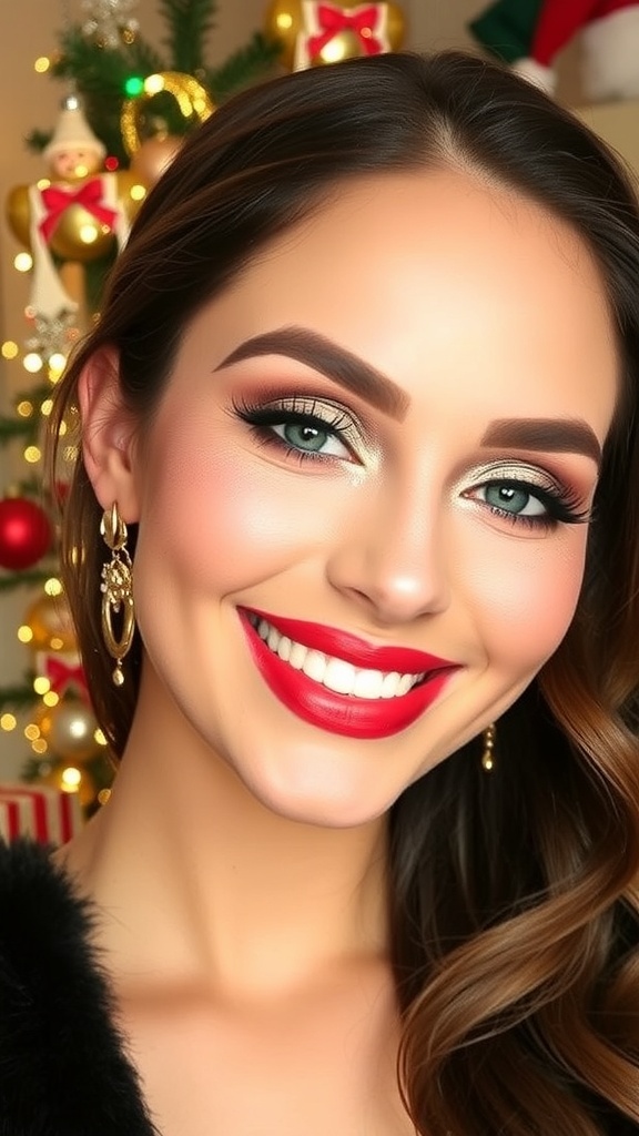 Glamorous Christmas makeup with gold eyeshadow and red lipstick, set against a festive backdrop.